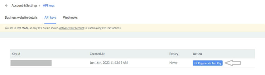 Generate Test Key and generate your API Key
